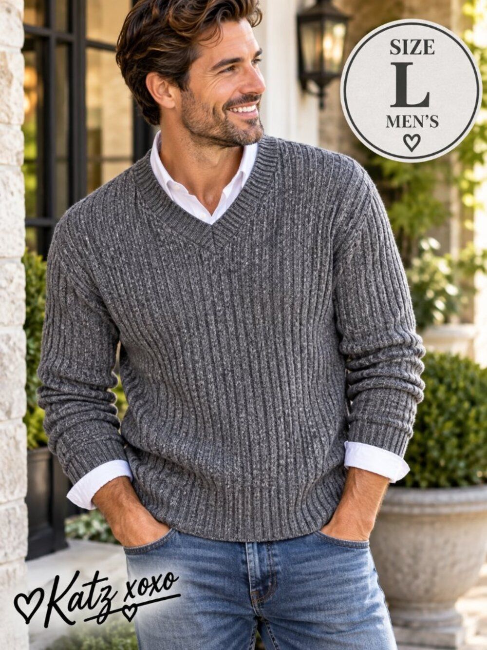 Old Navy Merino Wool Cable Knit Sweater Gray V Neck Pullover Men Large Preppy